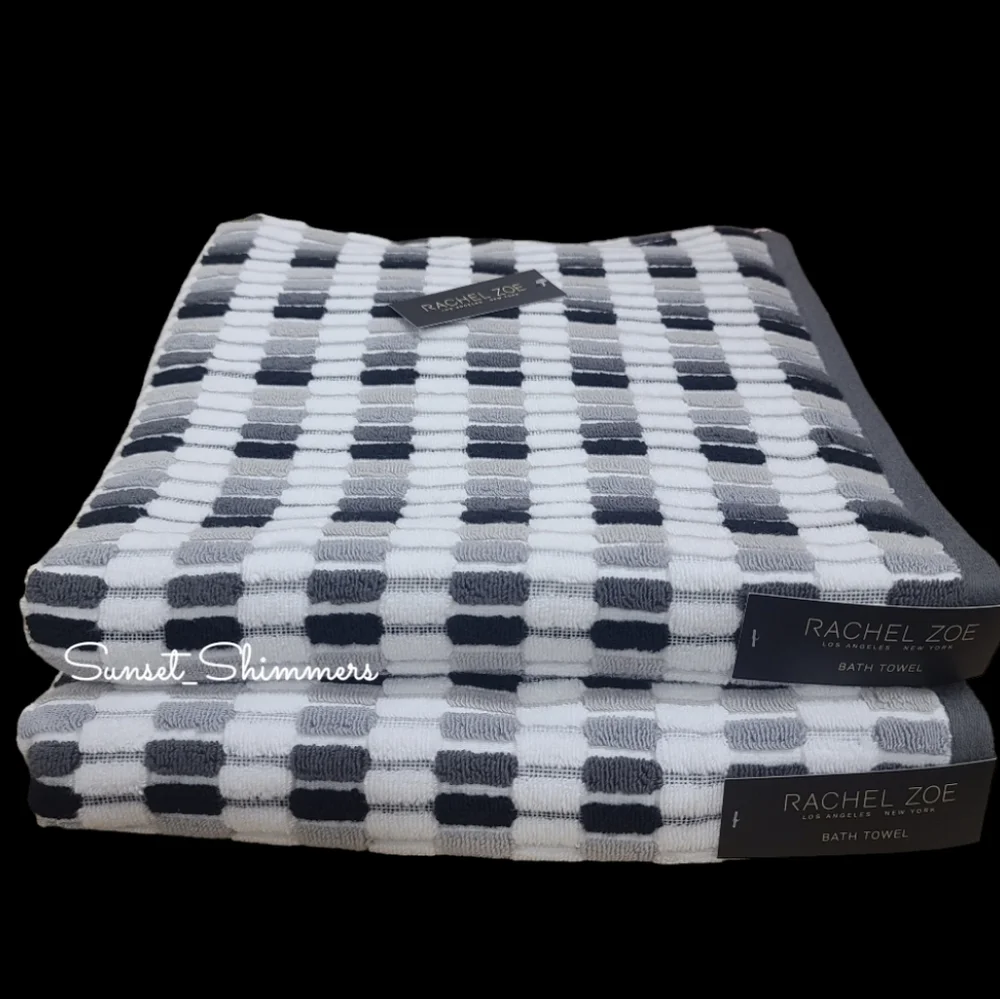 8pc Rachel Zoe Mosaic 100% Cotton Bath Hand Washcloth Towel Set Black White Gray